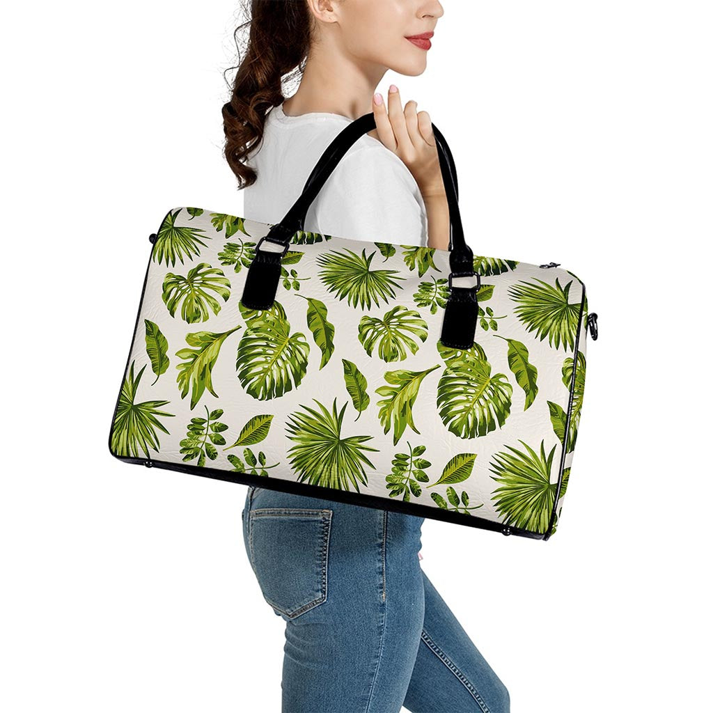 Light Tropical Leaf Pattern Print Leather Duffle Bag