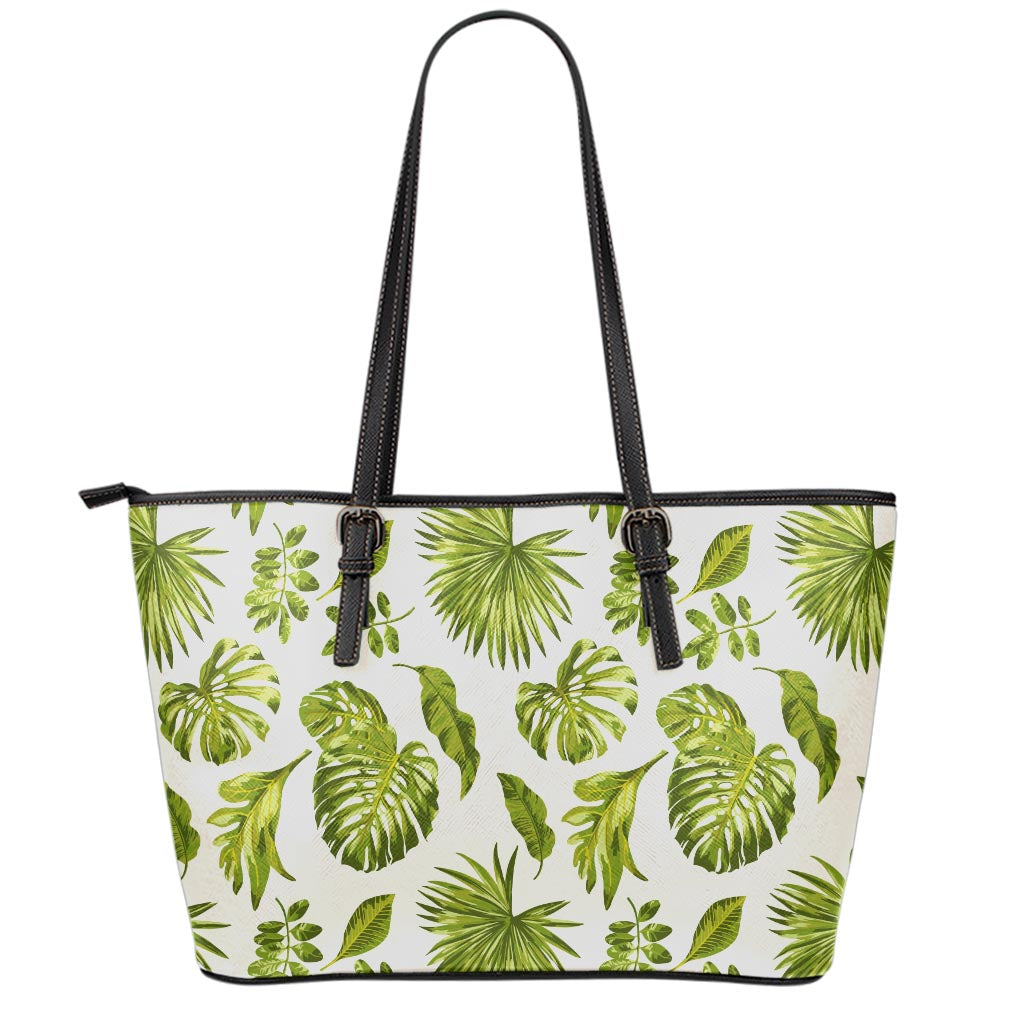 Light Tropical Leaf Pattern Print Leather Tote Bag