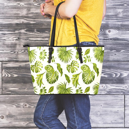 Light Tropical Leaf Pattern Print Leather Tote Bag