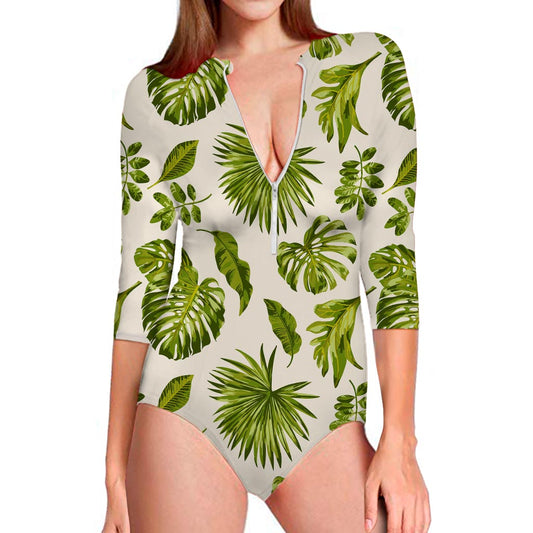 Light Tropical Leaf Pattern Print Long Sleeve Swimsuit
