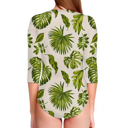 Light Tropical Leaf Pattern Print Long Sleeve Swimsuit