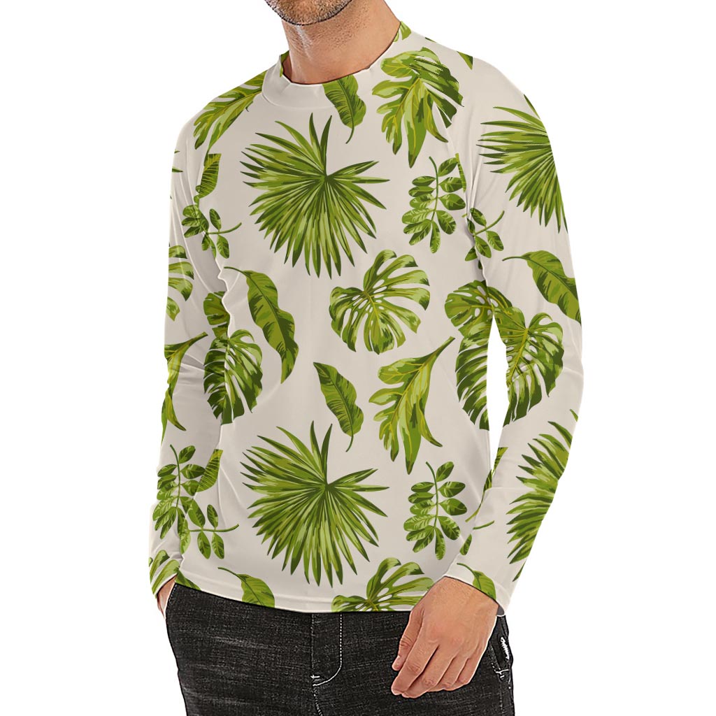 Light Tropical Leaf Pattern Print Men's Long Sleeve Rash Guard