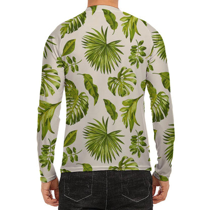 Light Tropical Leaf Pattern Print Men's Long Sleeve Rash Guard