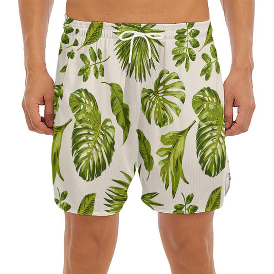 Light Tropical Leaf Pattern Print Men's Split Running Shorts
