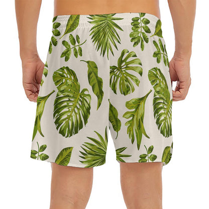 Light Tropical Leaf Pattern Print Men's Split Running Shorts