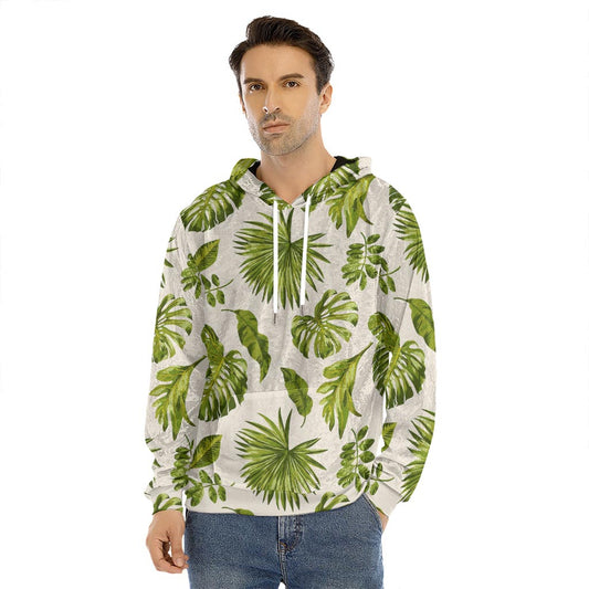 Light Tropical Leaf Pattern Print Men's Velvet Pullover Hoodie