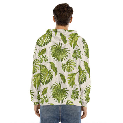 Light Tropical Leaf Pattern Print Men's Velvet Pullover Hoodie