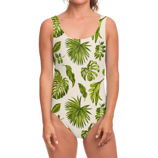 Light Tropical Leaf Pattern Print One Piece Swimsuit