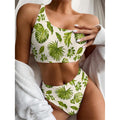 Light Tropical Leaf Pattern Print One Shoulder Bikini Set