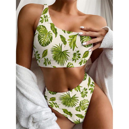 Light Tropical Leaf Pattern Print One Shoulder Bikini Top