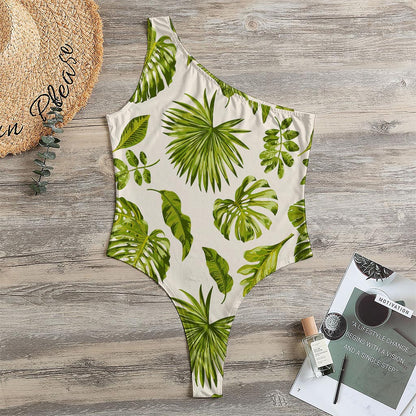 Light Tropical Leaf Pattern Print One Shoulder Bodysuit