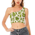 Light Tropical Leaf Pattern Print One Shoulder Crop Top