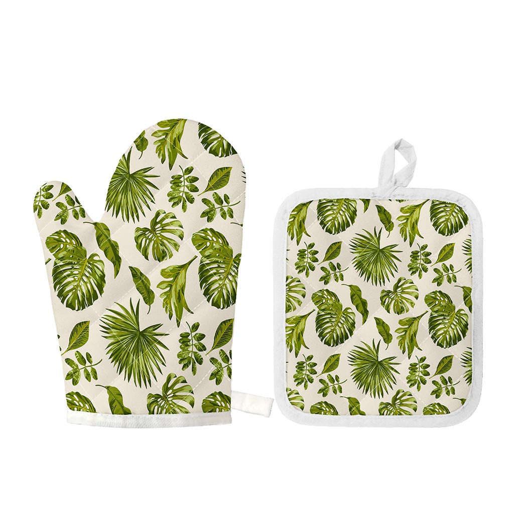 Light Tropical Leaf Pattern Print Oven Mitt And Pot Holder Set