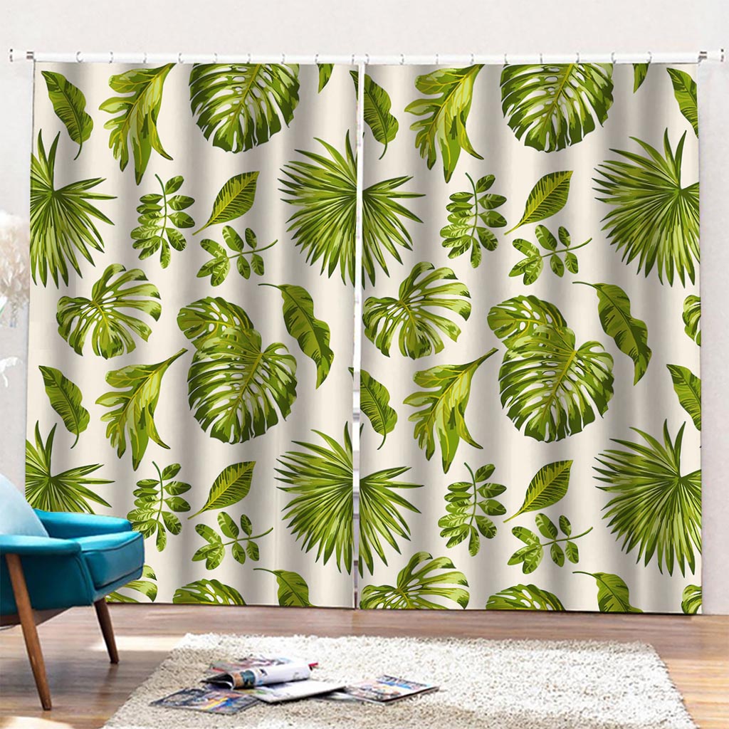 Light Tropical Leaf Pattern Print Pencil Pleat Curtains