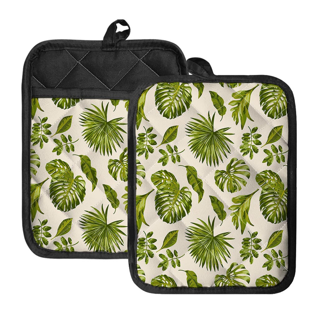 Light Tropical Leaf Pattern Print Pot Holders With Pocket