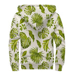 Light Tropical Leaf Pattern Print Sherpa Lined Zip Up Hoodie