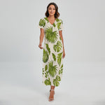 Light Tropical Leaf Pattern Print Short Sleeve Maxi Dress