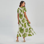 Light Tropical Leaf Pattern Print Short Sleeve Maxi Dress