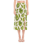 Light Tropical Leaf Pattern Print Side Slit Midi Skirt
