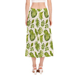 Light Tropical Leaf Pattern Print Side Slit Midi Skirt