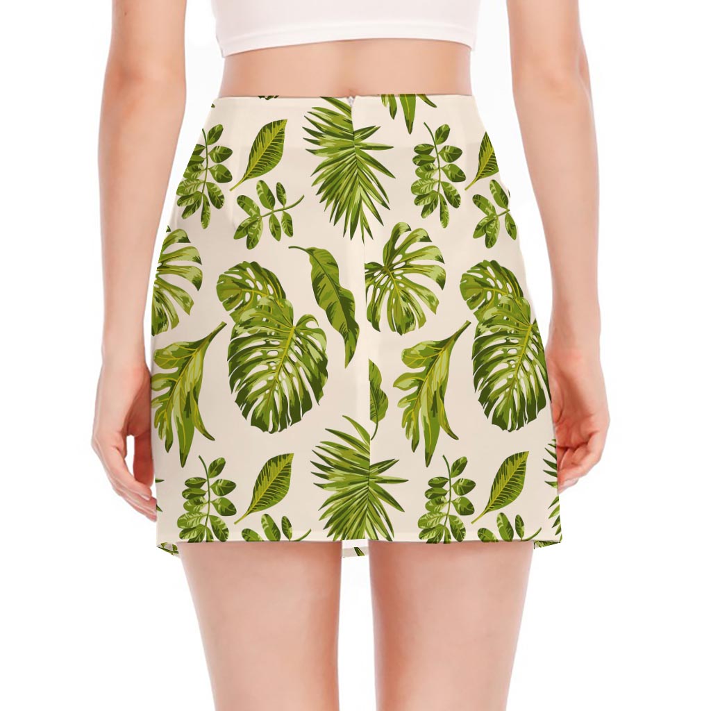 Light Tropical Leaf Pattern Print Side Slit Mini Skirt