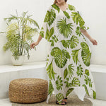 Light Tropical Leaf Pattern Print Silk V-Neck Kaftan Dress