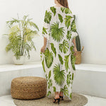 Light Tropical Leaf Pattern Print Silk V-Neck Kaftan Dress