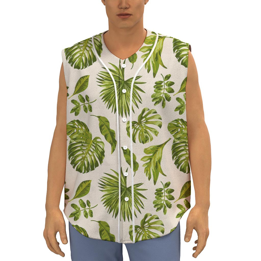 Light Tropical Leaf Pattern Print Sleeveless Baseball Jersey