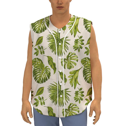 Light Tropical Leaf Pattern Print Sleeveless Baseball Jersey