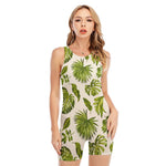 Light Tropical Leaf Pattern Print Sleeveless One Piece Swimsuit