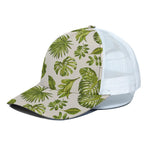 Light Tropical Leaf Pattern Print White Mesh Trucker Cap
