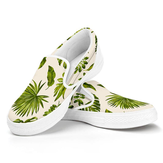 Light Tropical Leaf Pattern Print White Slip On Sneakers