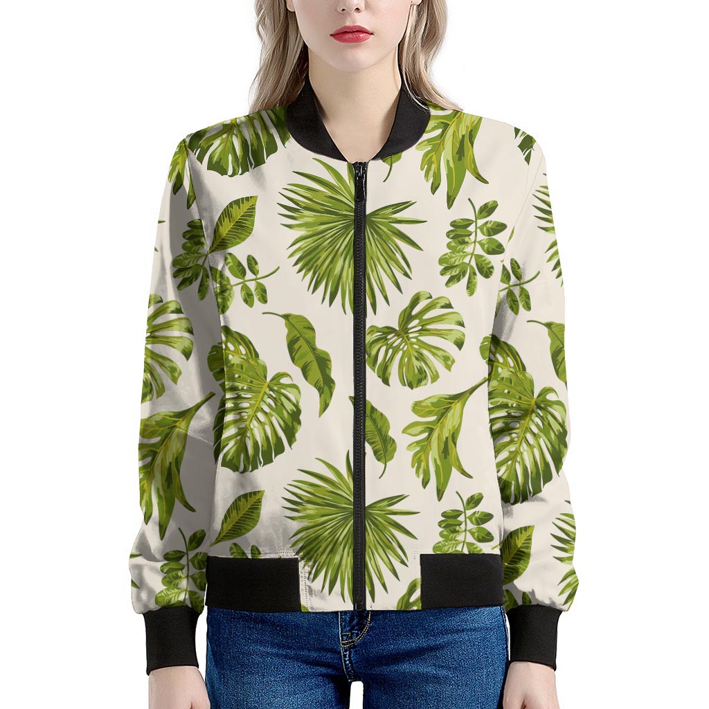 Light Tropical Leaf Pattern Print Women's Bomber Jacket