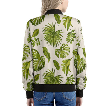 Light Tropical Leaf Pattern Print Women's Bomber Jacket