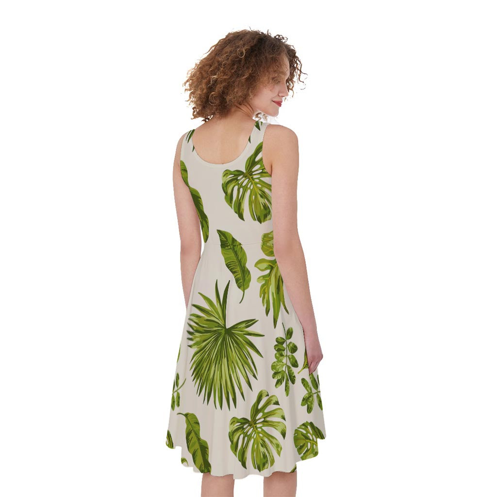 Light Tropical Leaf Pattern Print Women's Sleeveless Dress