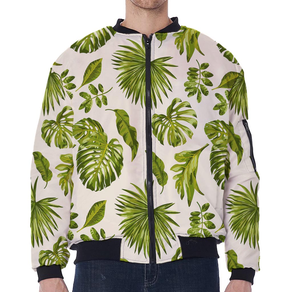 Light Tropical Leaf Pattern Print Zip Sleeve Bomber Jacket