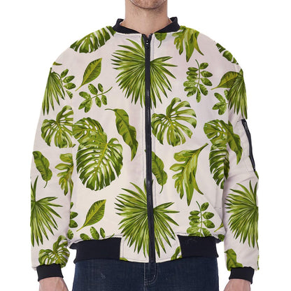 Light Tropical Leaf Pattern Print Zip Sleeve Bomber Jacket