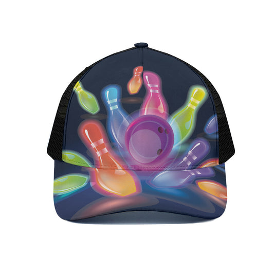 Light Up Bowling Pins Print Black Mesh Trucker Cap