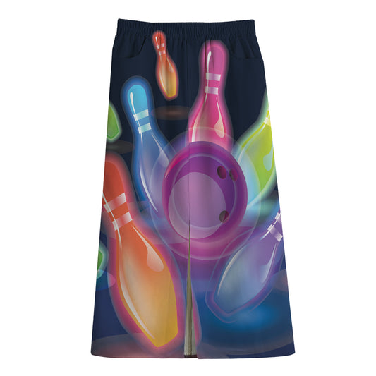 Light Up Bowling Pins Print Cotton Front Slit Maxi Skirt
