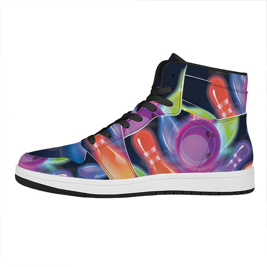 Light Up Bowling Pins Print High Top Leather Sneakers