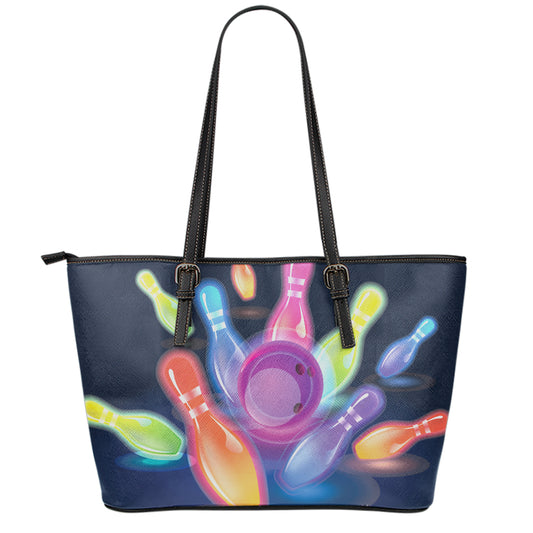Light Up Bowling Pins Print Leather Tote Bag