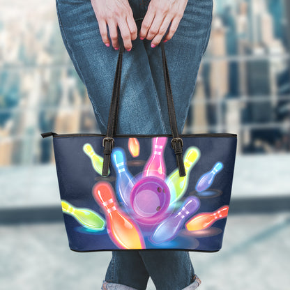 Light Up Bowling Pins Print Leather Tote Bag