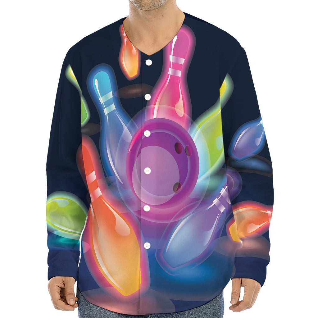 Light Up Bowling Pins Print Long Sleeve Baseball Jersey