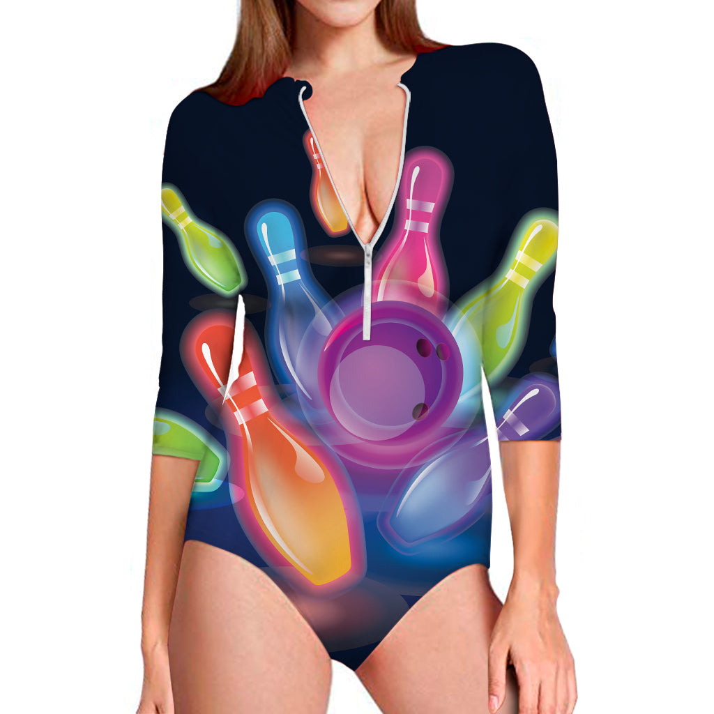 Light Up Bowling Pins Print Long Sleeve Swimsuit