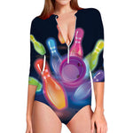 Light Up Bowling Pins Print Long Sleeve Swimsuit