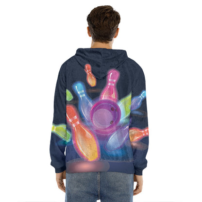 Light Up Bowling Pins Print Men's Velvet Pullover Hoodie