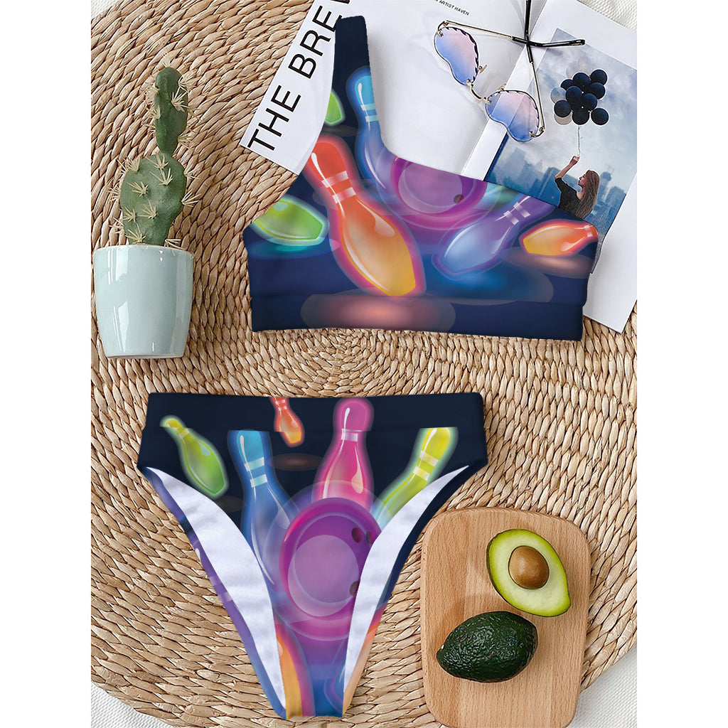 Light Up Bowling Pins Print One Shoulder Bikini Top