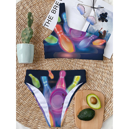 Light Up Bowling Pins Print One Shoulder Bikini Top