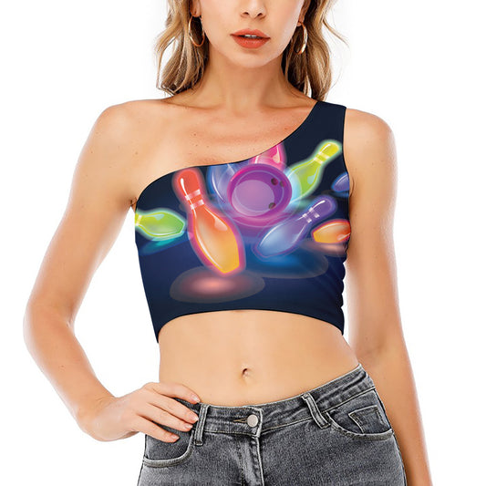 Light Up Bowling Pins Print One Shoulder Crop Top
