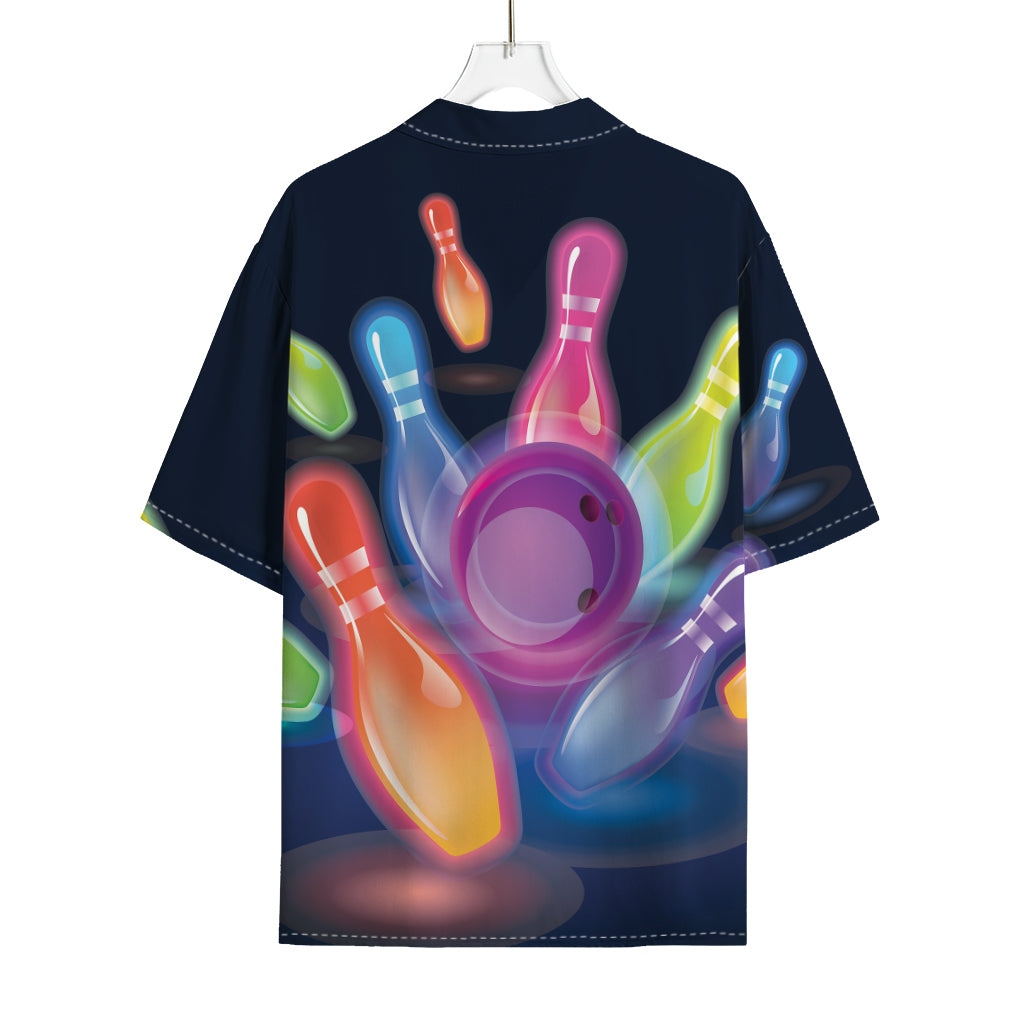 Light Up Bowling Pins Print Rayon Hawaiian Shirt